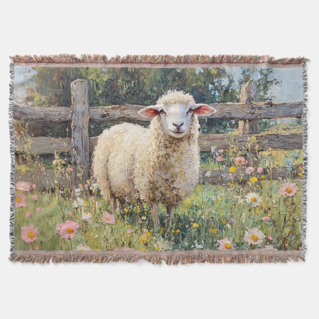 Spring Sheep with Wildflowers Painting Throw Blanket (Front)