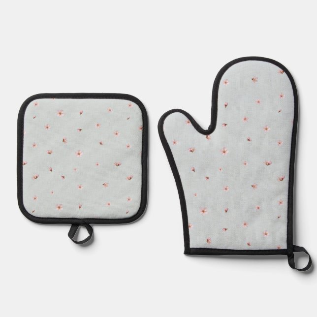 Spring Sky Japanese Cherry Blossom Floral Pattern Oven Mitt & Pot Holder Set (Front)