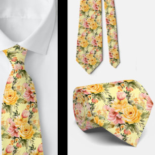 Spring Smmer Pink and Yellow Floral Neck Tie