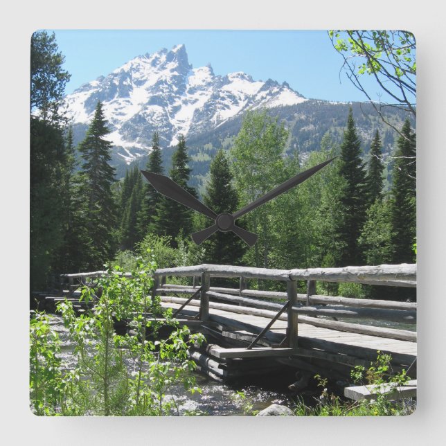 Spring Snow on Grand Tetons with Bridge over River Square Wall Clock (Front)
