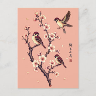 Spring Sparrows on a Blossoming Branch Postcard