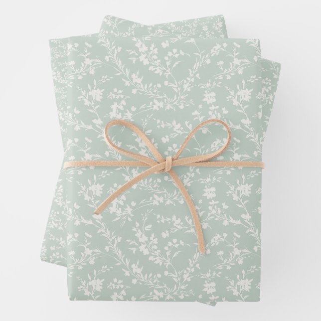 Spring Sprigs Neutral - Muted Sage Wrapping Paper Sheet (In situ)