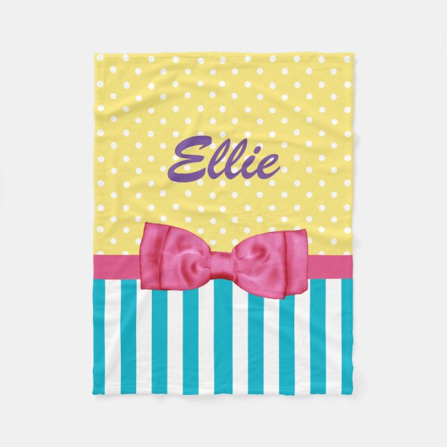 Spring Stripes and Polka Dots Pink Bow and Name Fleece Blanket (Front)