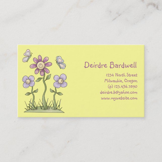 Spring Stuff · Purple Flowers & Butterflies Business Card (Front)