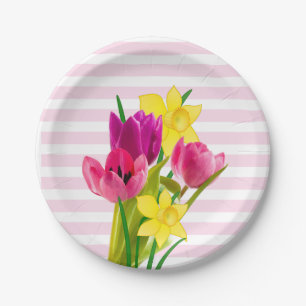 Spring Style Pink Tulips and Daffodils Holiday Paper Plate