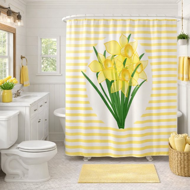 Spring Style Yellow Daffodils Flower Shower Curtain (Bright daffodils bloom in a striped shower curtain, adding cheerful charm to this farmhouse bathroom)