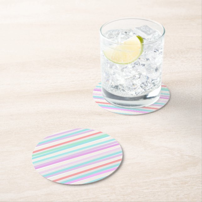 Spring summer colours in stripes round paper coaster (Insitu)