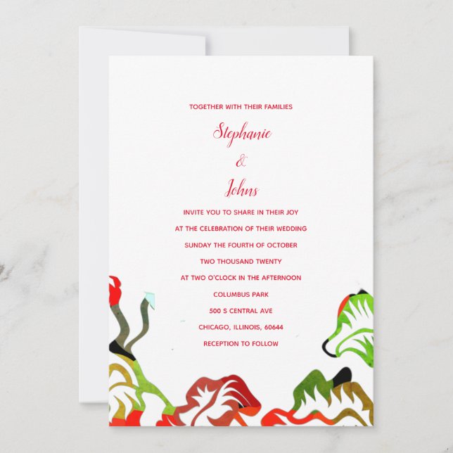 Spring Summer Fall Red White Colourful Boho Weddin Invitation (Front)