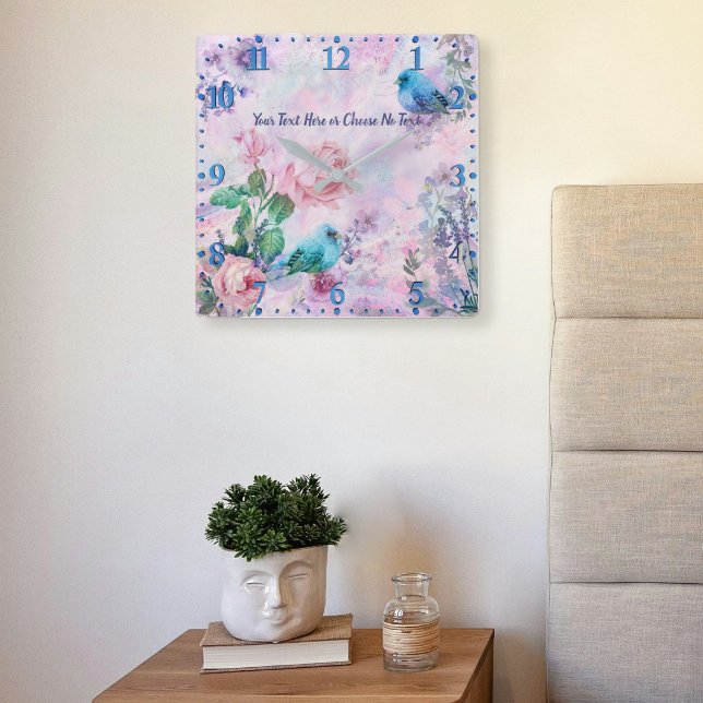 Spring Summer Floral Birds Wildflower Rose Garden Square Wall Clock (Creator Uploaded)
