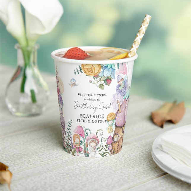 Spring Summer Floral 'Little Fairies Girl Birthday Paper Cups (Insitu)