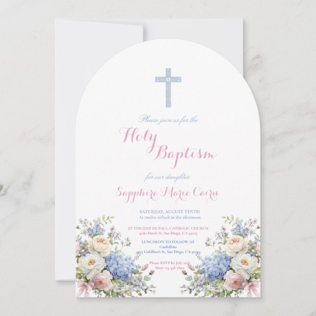Spring Summer Floral Watercolor Baptism Invitation (Front)