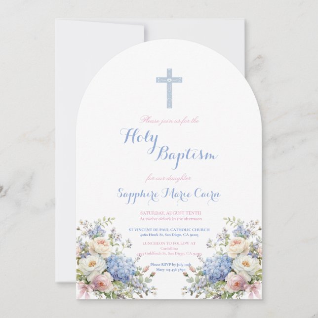 Spring Summer Floral Watercolor Baptism Invitation (Front)
