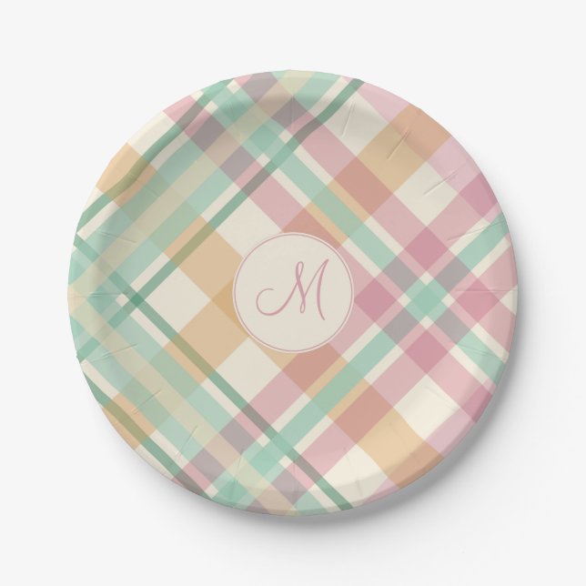 spring summer mint pastels plaid with monogram paper plate (Front)