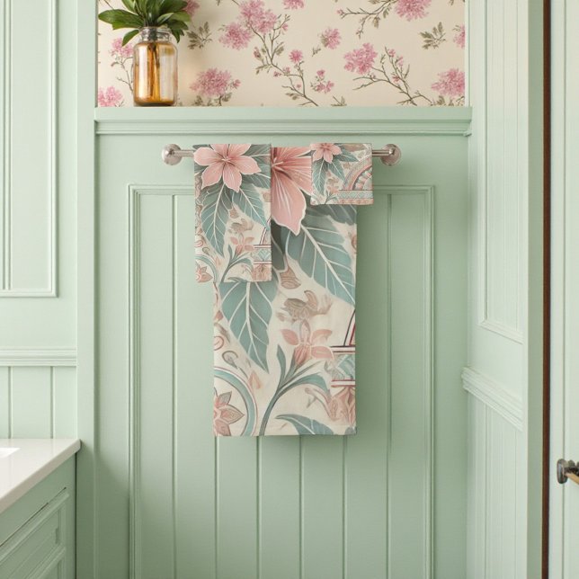 Spring Summer Pastel Indonesian Batik Floral  Bath Towel Set (Spring Summer Pastel Indonesian Batik Floral Bath Towel Set)