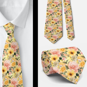 Spring Summer Pink and Yellow Floral Neck Tie