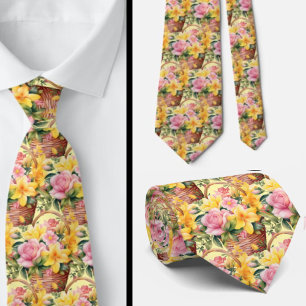 Spring Summer Pink and Yellow Floral Neck Tie
