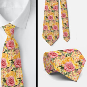 Spring Summer Pink and Yellow Floral Neck Tie