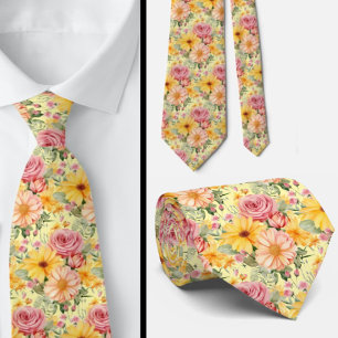 Spring Summer Pink and Yellow Floral Neck Tie