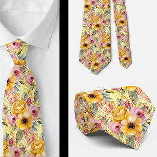 Spring Summer Pink and Yellow Floral Neck Tie