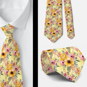 Spring Summer Pink and Yellow Floral Neck Tie