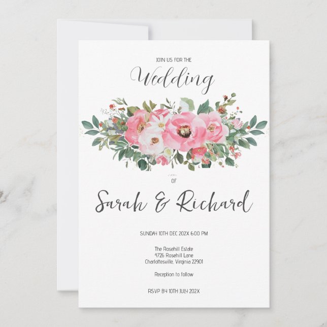 Spring Summer Pink Floral Watercolor Wedding Invitation (Front)