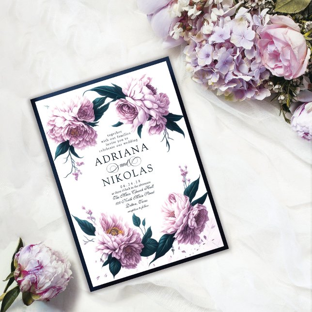 Spring Summer Pink Peony Blue Leaf Floral Wedding Invitation (Creator Uploaded)