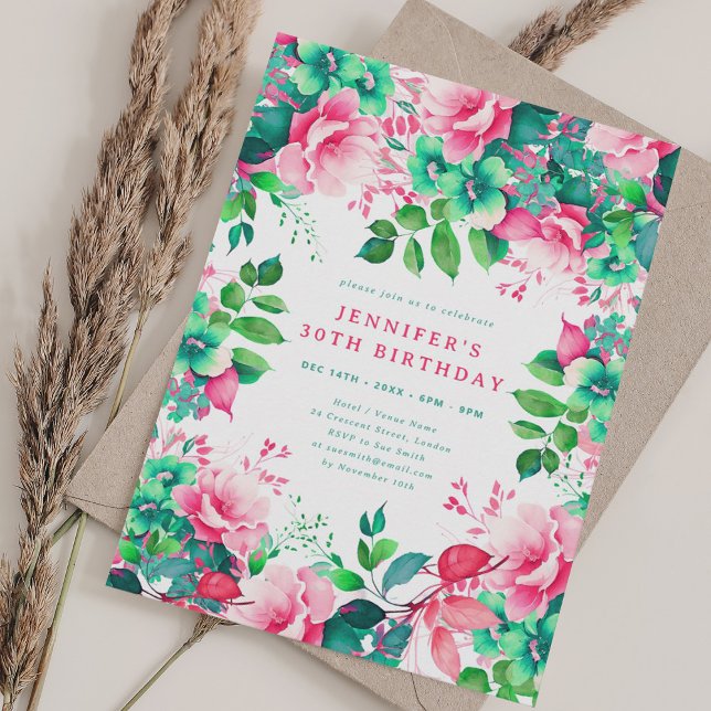 Spring Summer Watercolor Floral 30th Birthday  Invitation (Spring Summer Watercolor Floral 30th Birthday Invitation)