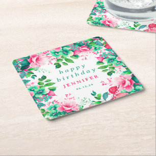 Spring Summer Watercolor Floral Happy Birthday Square Paper Coaster