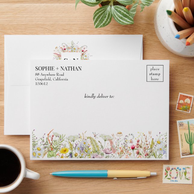 Spring Summer Wildflower Boho Beige Wedding  Envelope (Desk)