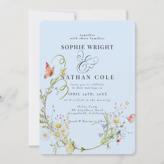 Spring Summer Wildflower Light Blue Boho Wedding Invitation (Front)