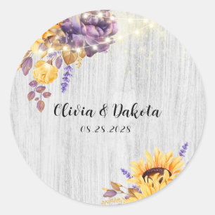 Spring Sunflower and Purple Peony Wedding Classic  Round Sticker