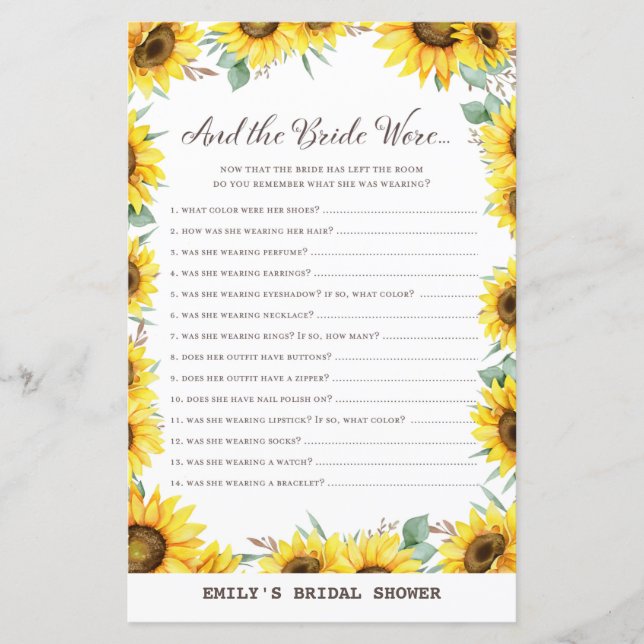 Spring Sunflower Bridal Shower Game PRINTED (Front)