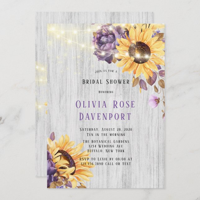 Spring Sunflower Purple Peony Bridal Shower Invitation (Front/Back)