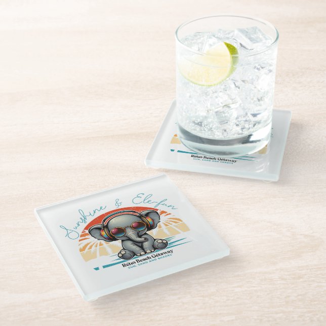 Spring Sunshine and Ele-fun Retro Beach Getaway Glass Coaster (Angled)