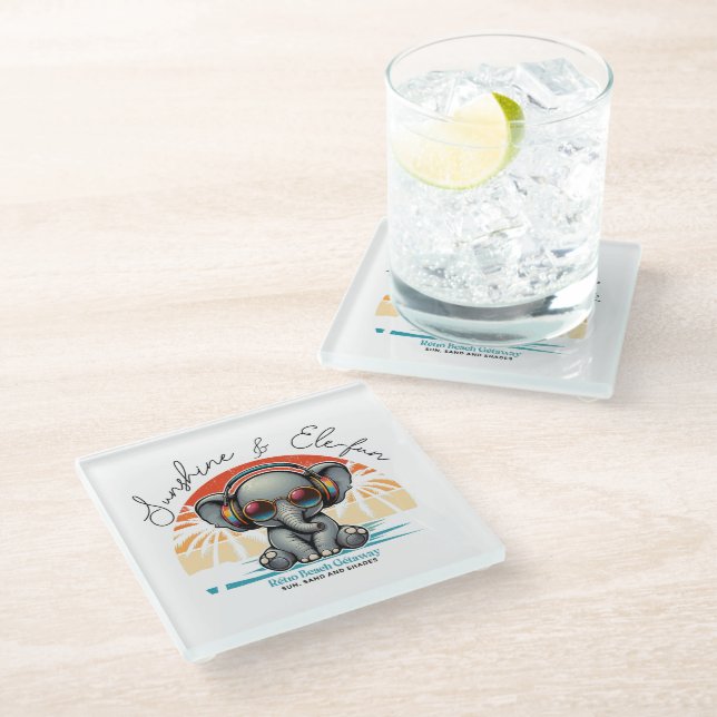 Spring Sunshine and Ele-fun Retro Beach Getaway Glass Coaster (Angled)