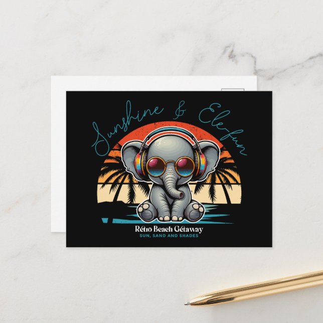 Spring Sunshine and Ele-fun Retro Beach Getaway Holiday Postcard (Front/Back In Situ)