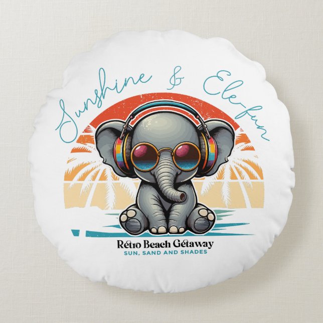 Spring Sunshine and Ele-fun Retro Beach Getaway Round Cushion (Front)