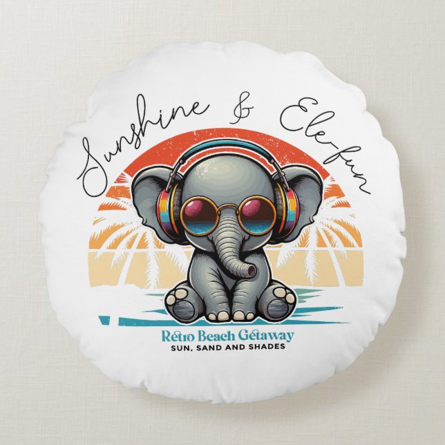 Spring Sunshine and Ele-fun Retro Beach Getaway Round Cushion (Front)