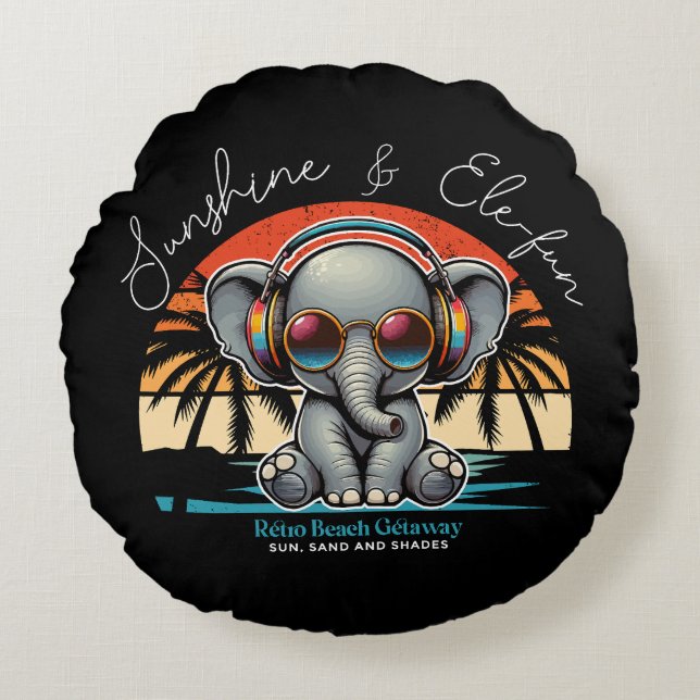 Spring Sunshine and Ele-fun Retro Beach Getaway Round Cushion (Front)
