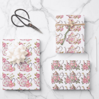 Spring Tea Party Pink Teapots and Roses Wrapping Paper Sheet