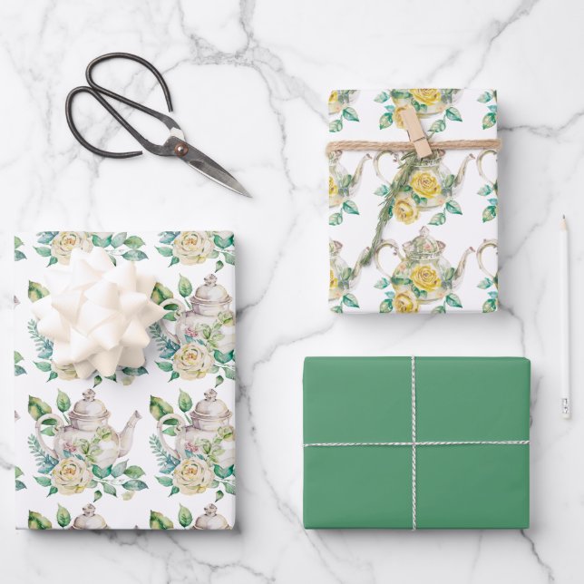Spring Tea Party Yellow Teapots and Roses Wrapping Paper Sheet (Front)