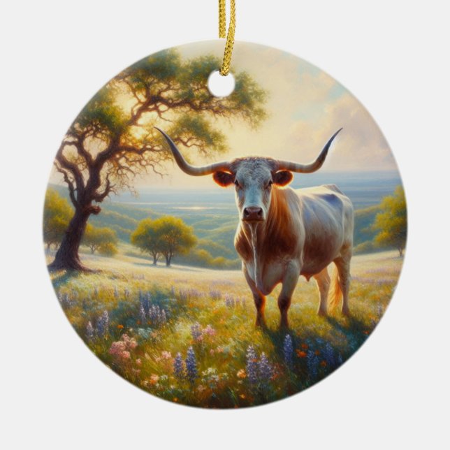 Spring Texas longhorn cow  Ceramic Tree Decoration (Front)