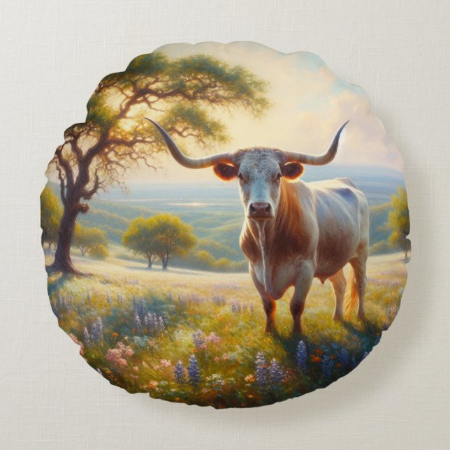 Spring Texas longhorn cow  Round Cushion (Front)