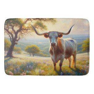 Spring Texas longhorn in a field Bath Mat
