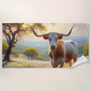 Spring Texas longhorn in a field Beach Towel