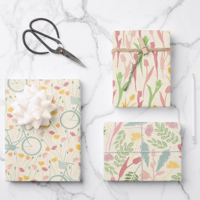 Spring theme 3 floral patterns wrapping paper sheet (Front)
