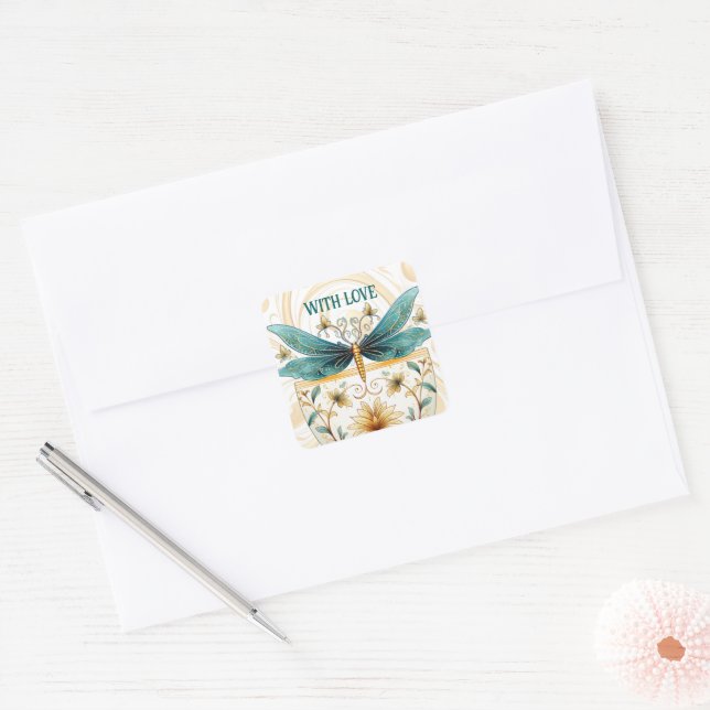 Spring Themed Whimsical Blue and Gold Dragonfly  Square Sticker (Envelope)