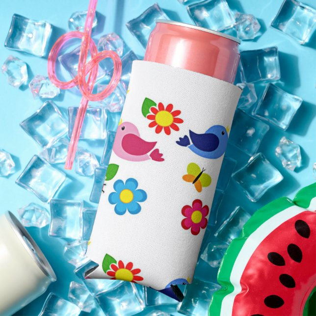 Spring time birds and flowers pattern white seltzer can cooler (In Situ Summer)
