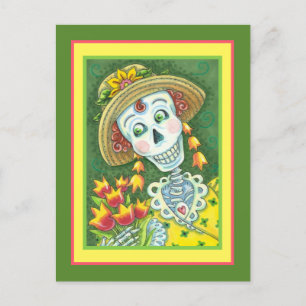 SPRING TIME SKELLY AND TULIPS, LADY SKELETON Funny Holiday Postcard