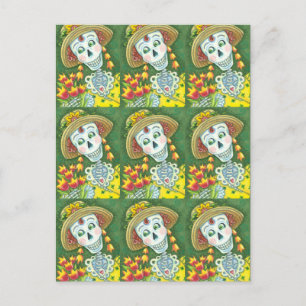 SPRING TIME SKELLY AND TULIPS, LADY SKELETON Funny Holiday Postcard